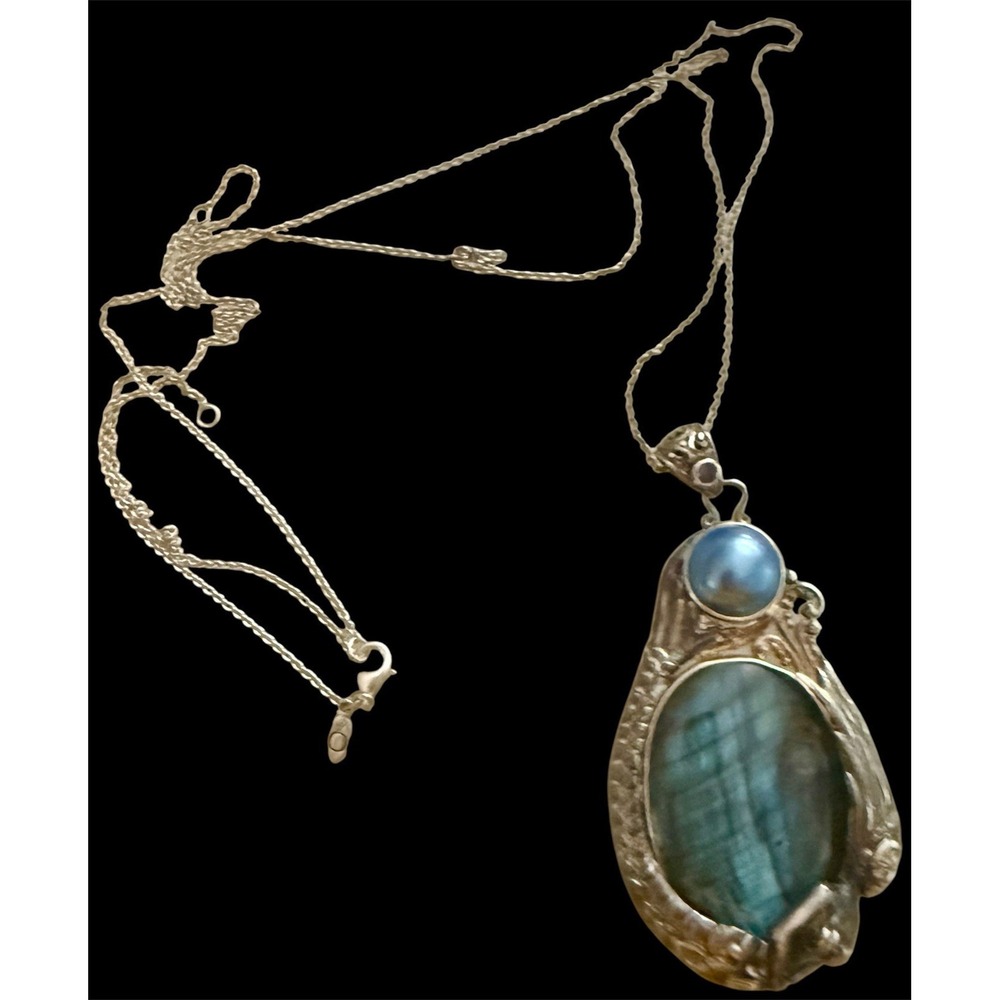 Huge Sajen Sterling 925 Mermaid Labradorite Pearl Pendant & Pandora Necklace